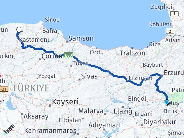Muş Devrekani Kastamonu Arası Kaç Km - Yol Haritası