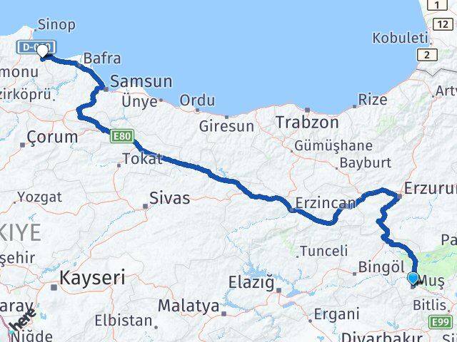 Muş Dikmen Sinop Arası Kaç Km - Yol Haritası