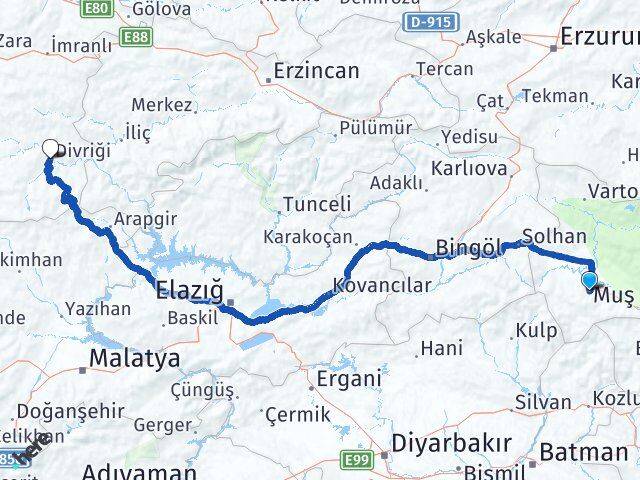 Muş Divriği Sivas Arası Kaç Km - Yol Haritası