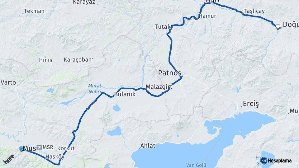 Muş Diyadin Ağrı Arası Kaç Km - Yol Haritası