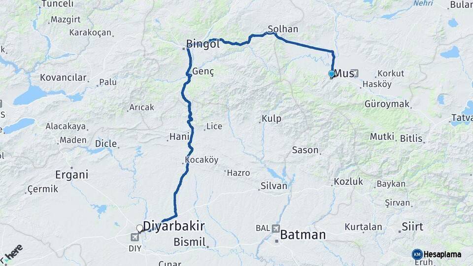 Muş Diyarbakır Arası Kaç Km - Yol Haritası