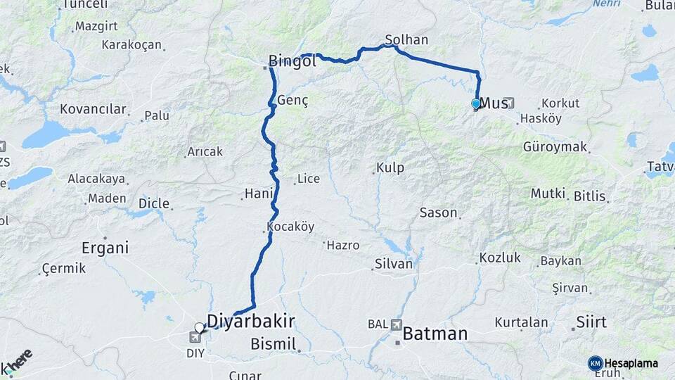 Muş Diyarbakır Havalimanı Arası Kaç Km - Yol Haritası