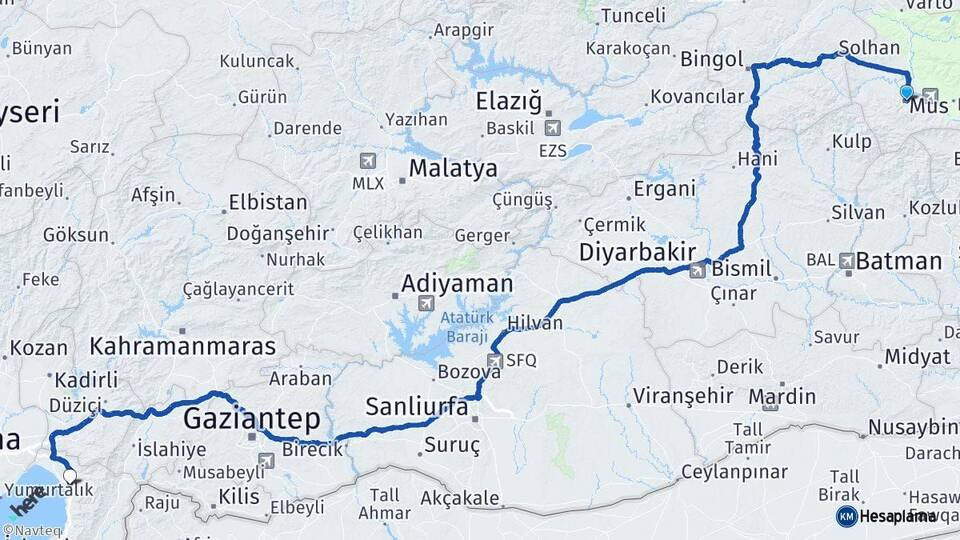 Muş Dörtyol Hatay Arası Kaç Km - Yol Haritası