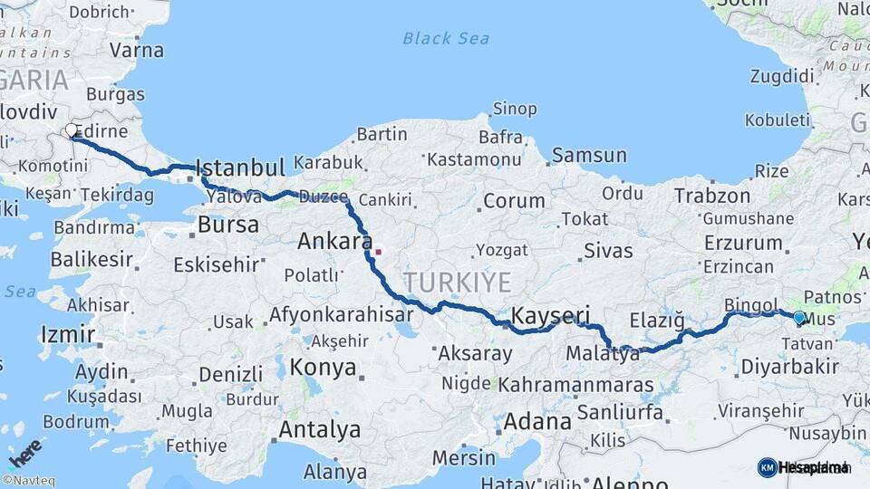 Muş Edirne Arası Kaç Km - Yol Haritası