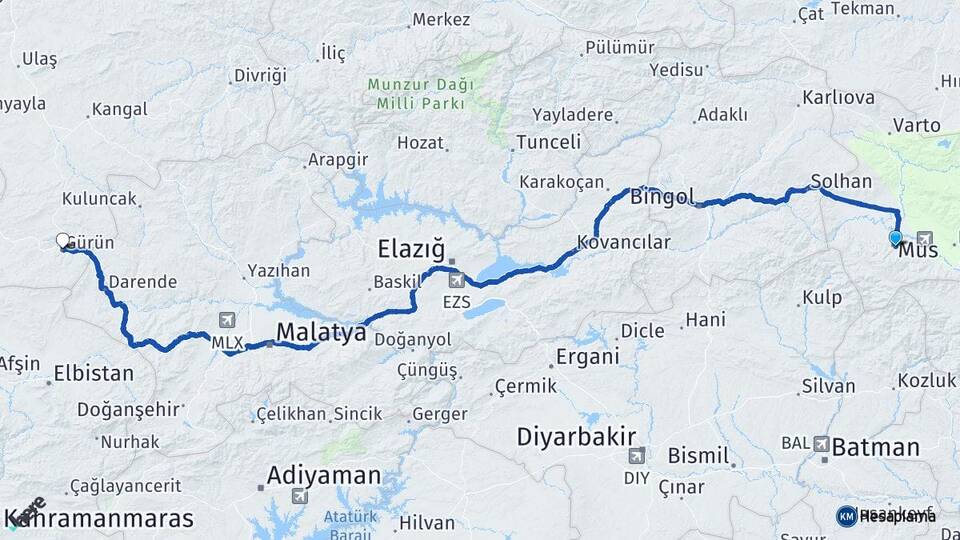 Muş Elazığ Havalimanı Arası Kaç Km - Yol Haritası