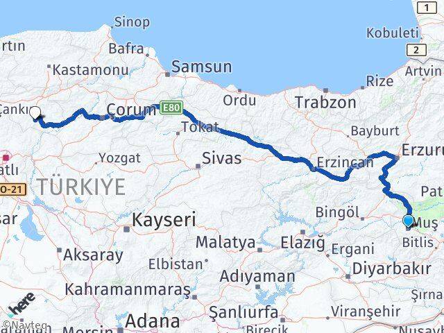 Muş Eldivan Çankırı Arası Kaç Km - Yol Haritası