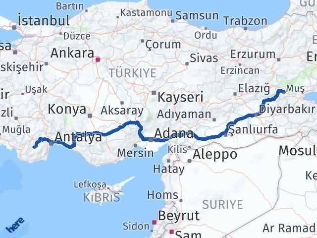 Muş Elmalı Antalya Arası Kaç Km - Yol Haritası