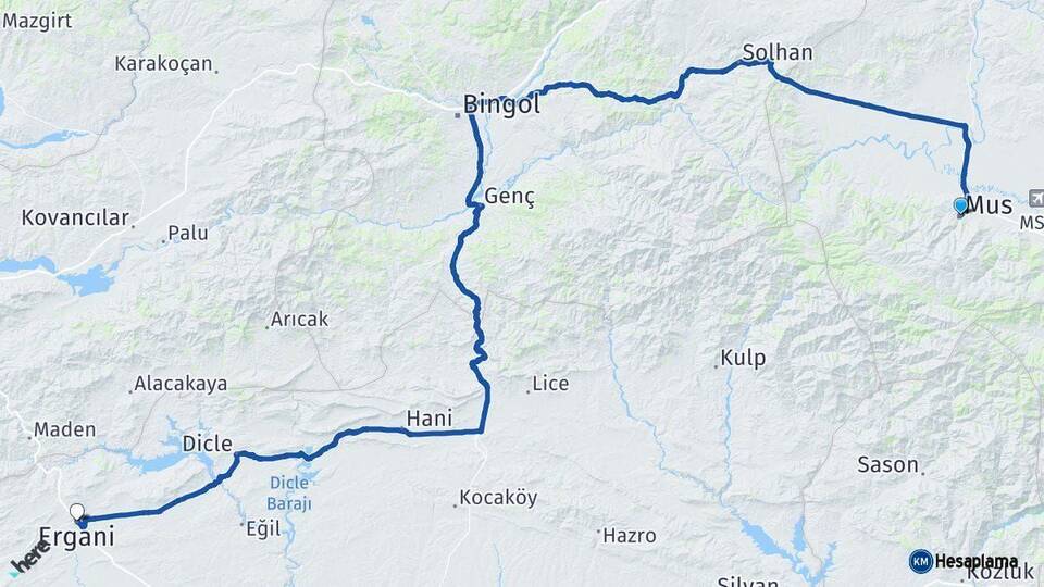 Muş Ergani Diyarbakır Arası Kaç Km - Yol Haritası