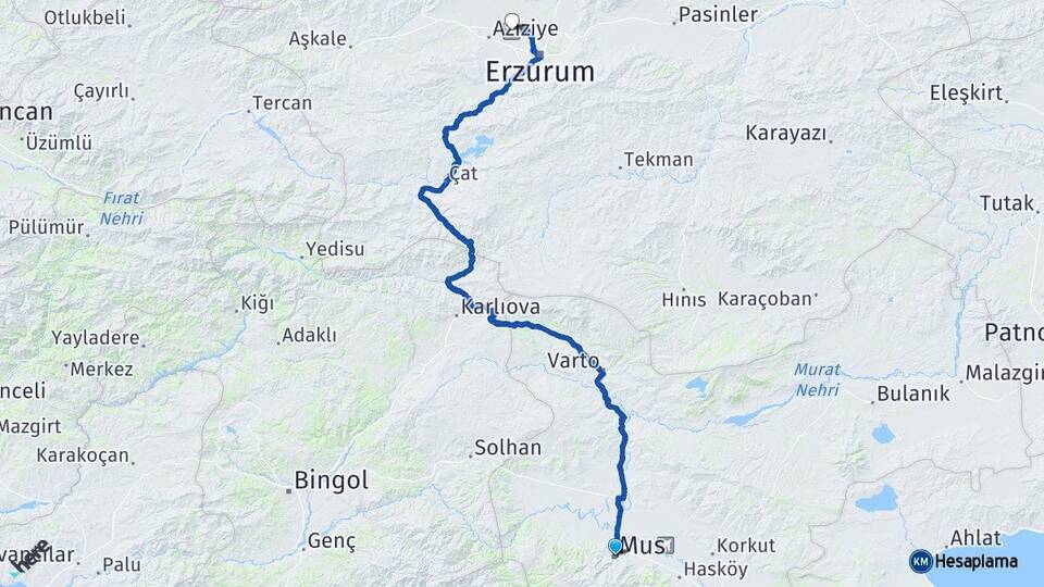 Muş Erzurum Havalimanı Arası Kaç Km - Yol Haritası