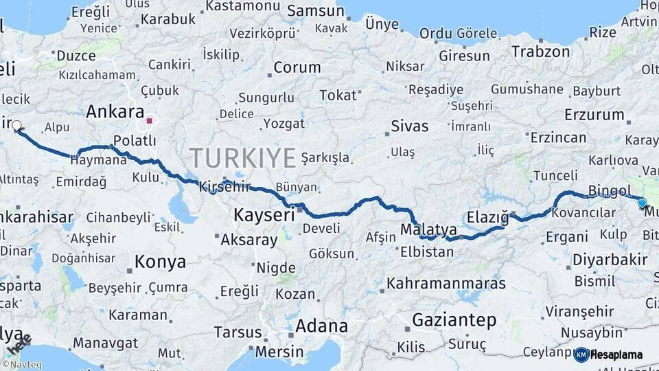 Muş Eskişehir Arası Kaç Km - Yol Haritası