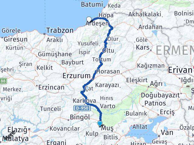 Muş Fındıklı Rize Arası Kaç Km - Yol Haritası