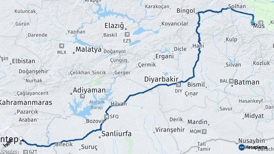 Muş Gaziantep Arası Kaç Km - Yol Haritası