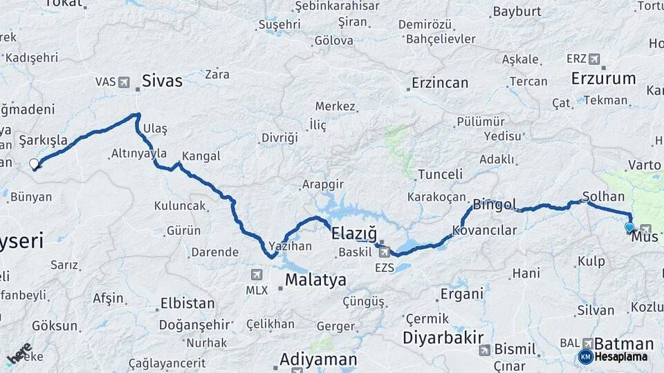 Muş Gemerek Sivas Arası Kaç Km - Yol Haritası