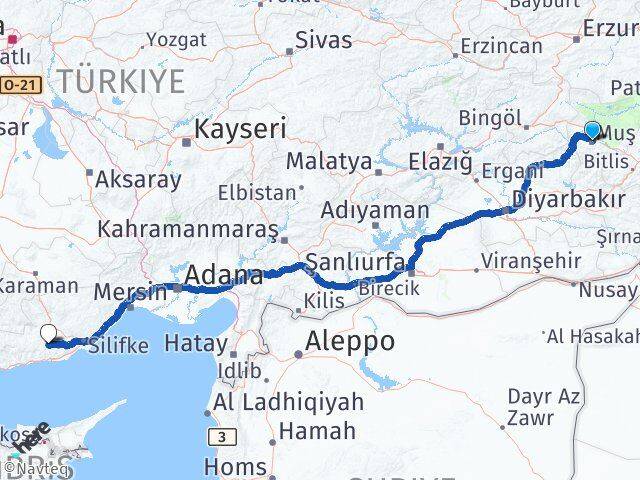 Muş Gülnar Mersin Arası Kaç Km - Yol Haritası