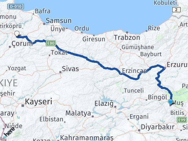 Muş Gümüşhacıköy Amasya Arası Kaç Km - Yol Haritası