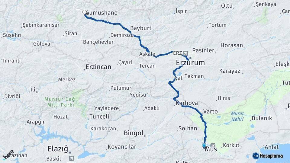 Muş Gümüşhane Arası Kaç Km - Yol Haritası