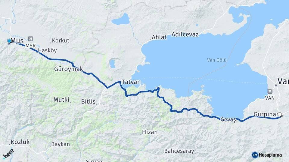 Muş Gürpınar Van Arası Kaç Km - Yol Haritası