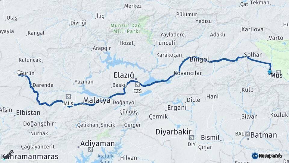 Muş Gürün Sivas Arası Kaç Km - Yol Haritası