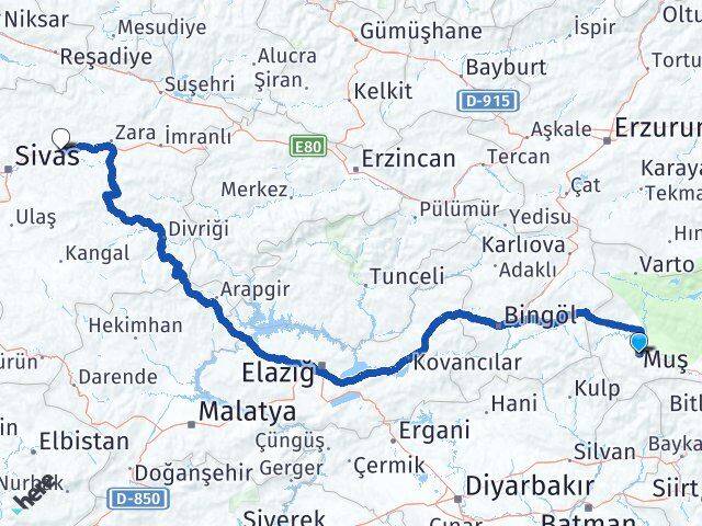 Muş Hafik Sivas Arası Kaç Km - Yol Haritası