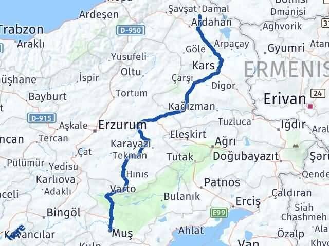 Muş Hanak Ardahan Arası Kaç Km - Yol Haritası