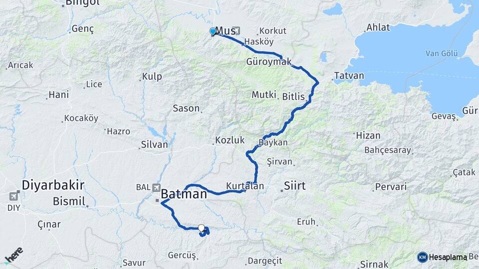 Muş Hasankeyf Batman Arası Kaç Km - Yol Haritası