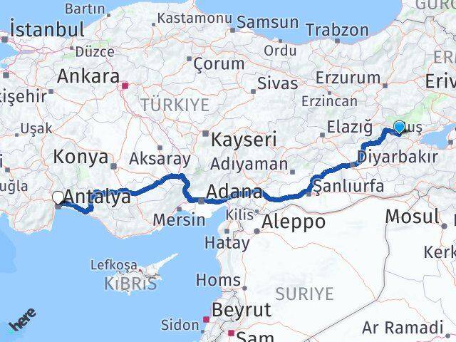 Muş Hasköy Antalya Arası Kaç Km - Yol Haritası
