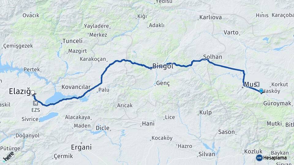 Muş Hasköy Elazığ Arası Kaç Km - Yol Haritası