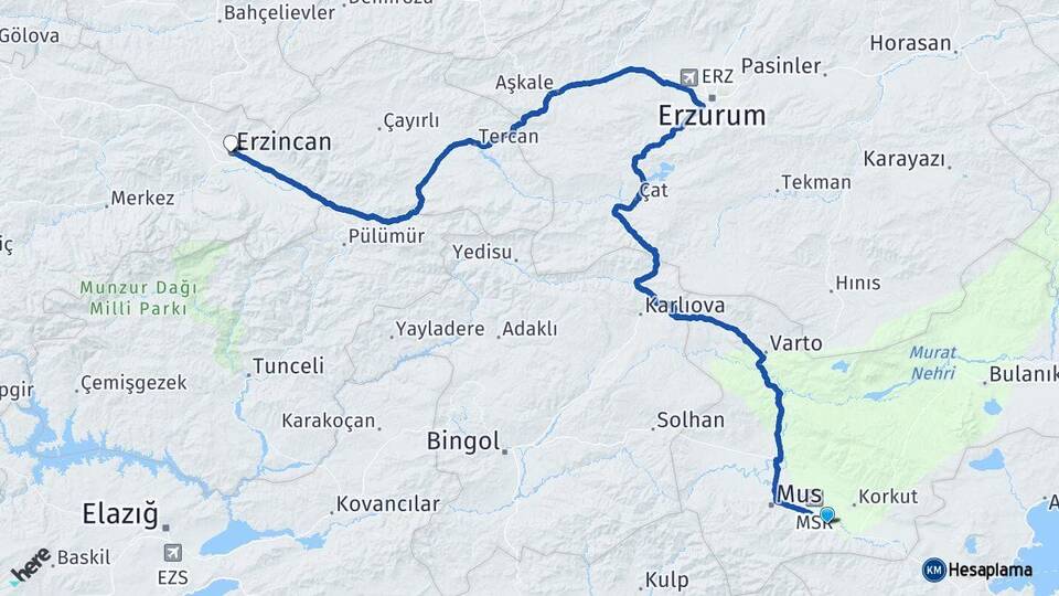 Muş Hasköy Erzincan Arası Kaç Km - Yol Haritası