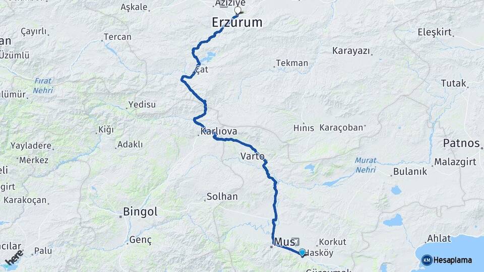 Muş Hasköy Erzurum Arası Kaç Km - Yol Haritası