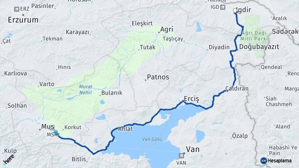 Muş Hasköy Iğdır Arası Kaç Km - Yol Haritası