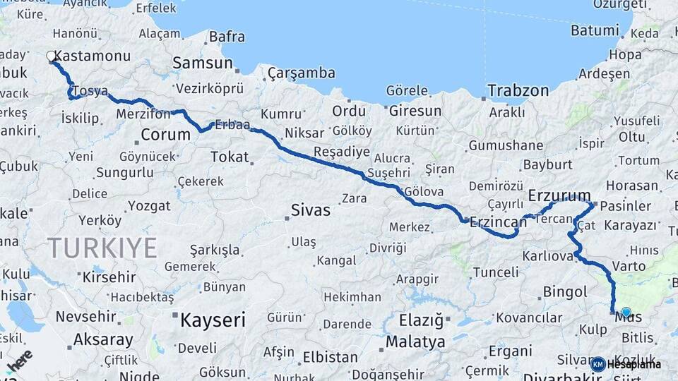 Muş Hasköy Kastamonu Arası Kaç Km - Yol Haritası