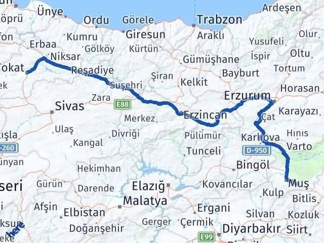 Muş Hasköy Tokat Arası Kaç Km - Yol Haritası
