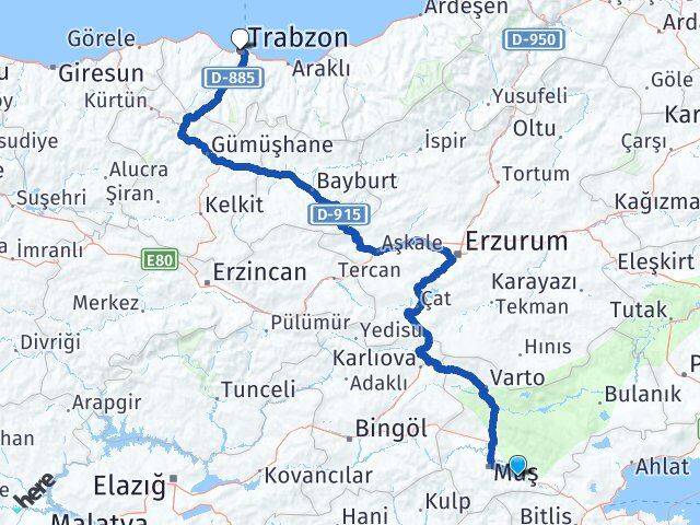 Muş Hasköy Trabzon Arası Kaç Km - Yol Haritası