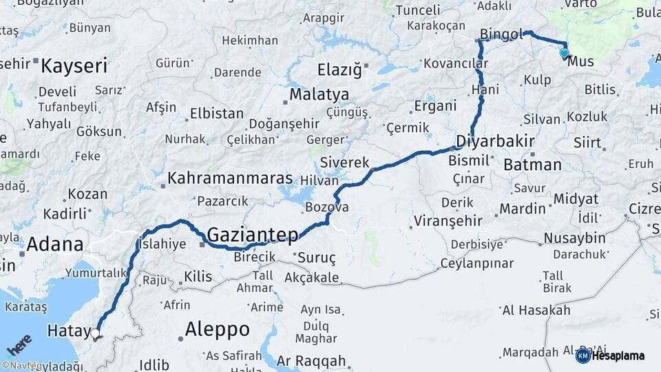 Muş Hatay Arası Kaç Km - Yol Haritası