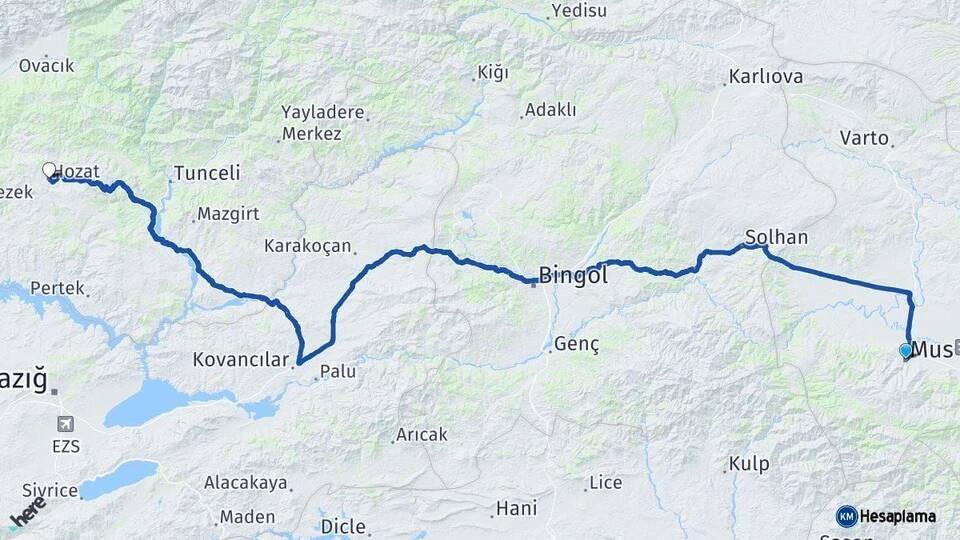 Muş Hozat Tunceli Arası Kaç Km - Yol Haritası