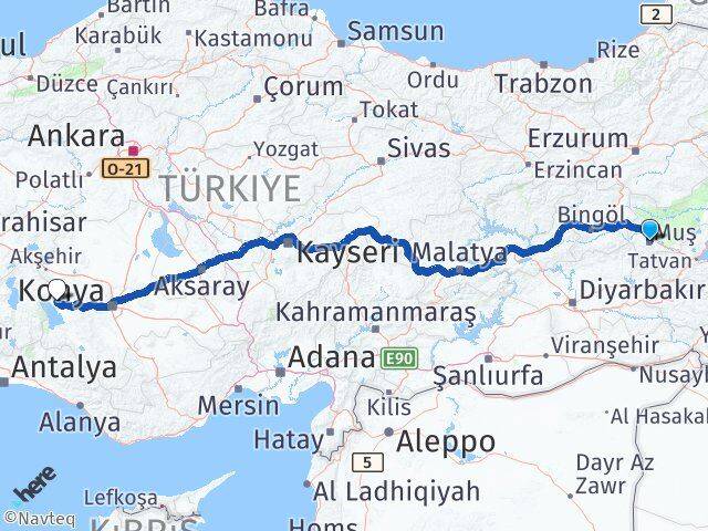 Muş Hüyük Konya Arası Kaç Km - Yol Haritası