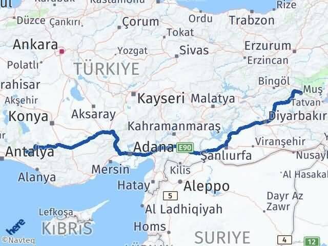 Muş İbradı Antalya Arası Kaç Km - Yol Haritası