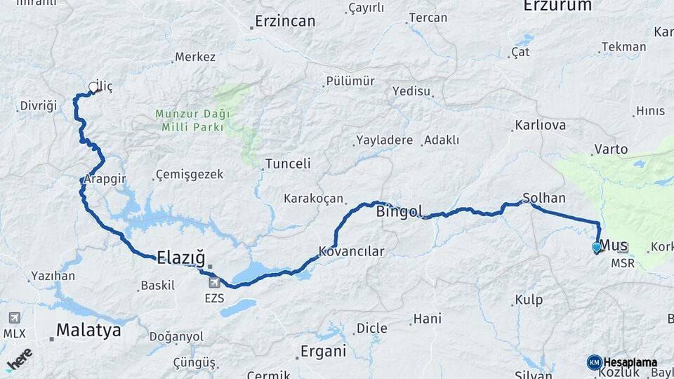 Muş İliç Erzincan Arası Kaç Km - Yol Haritası