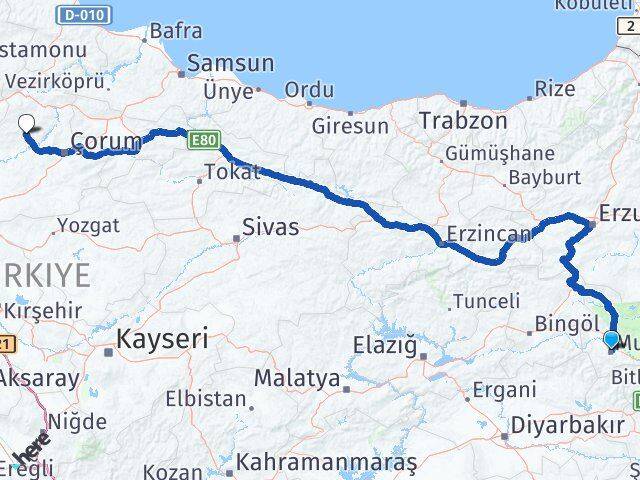 Muş İskilip Çorum Arası Kaç Km - Yol Haritası