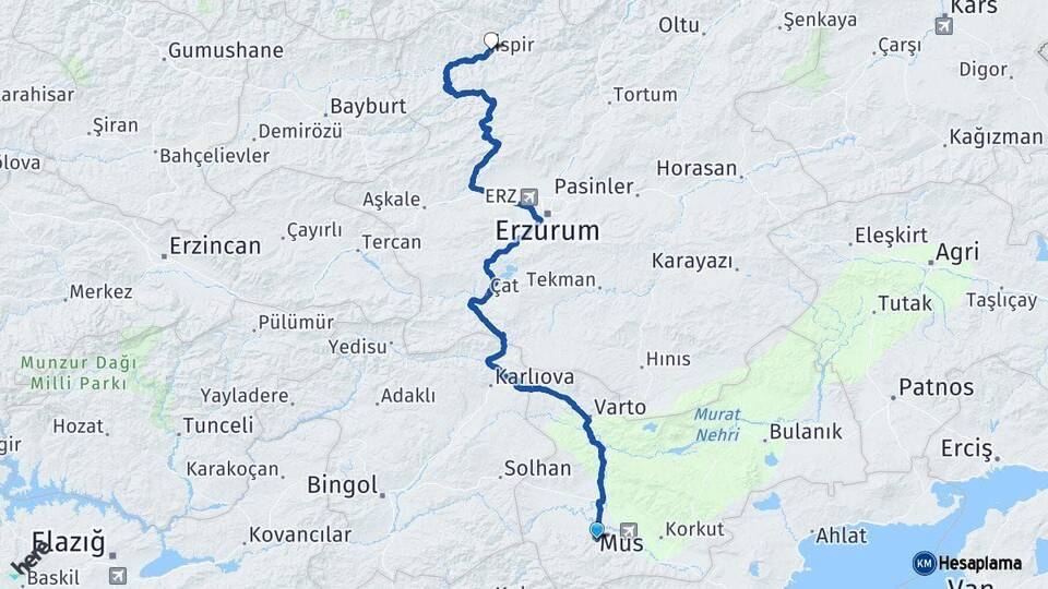 Muş İspir Erzurum Arası Kaç Km - Yol Haritası