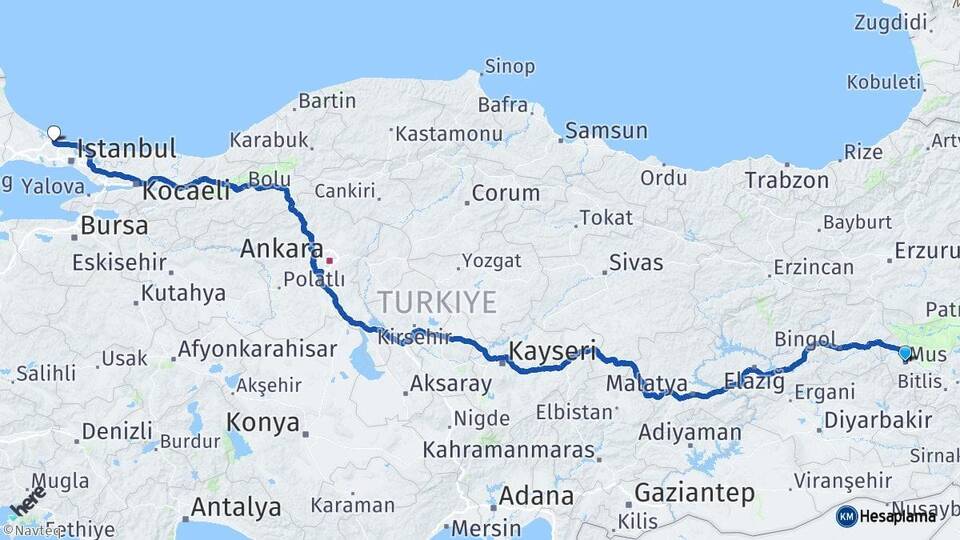 Muş İstanbul Havalimanı Arası Kaç Km - Yol Haritası