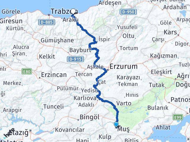Muş İyidere Rize Arası Kaç Km - Yol Haritası