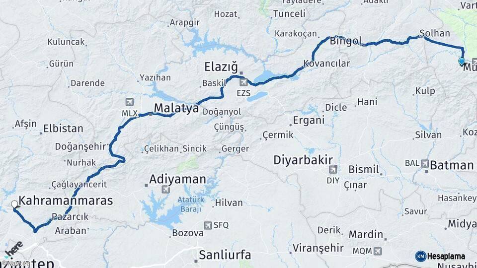Muş Kahramanmaraş Arası Kaç Km - Yol Haritası
