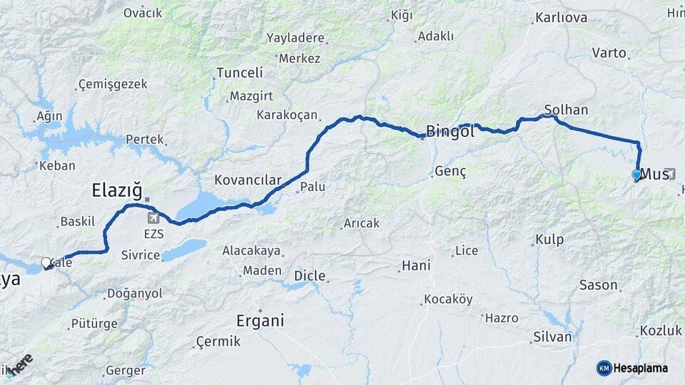 Muş Kale Malatya Arası Kaç Km - Yol Haritası