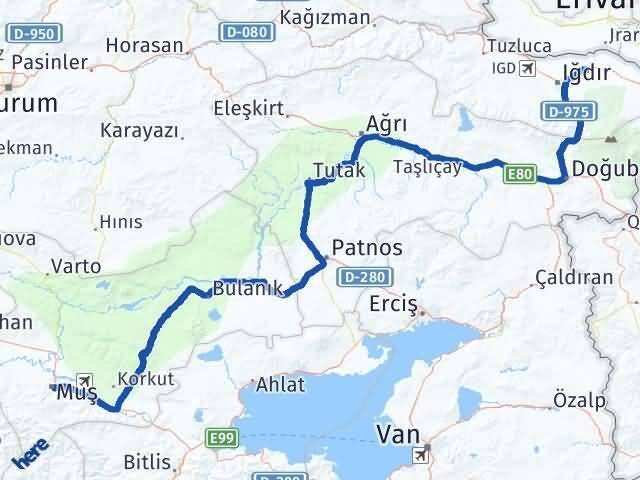 Muş Karakoyunlu Iğdır Arası Kaç Km - Yol Haritası