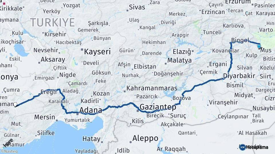 Muş Karaman Arası Kaç Km - Yol Haritası