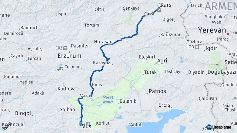 Muş Kars Arası Kaç Km - Yol Haritası