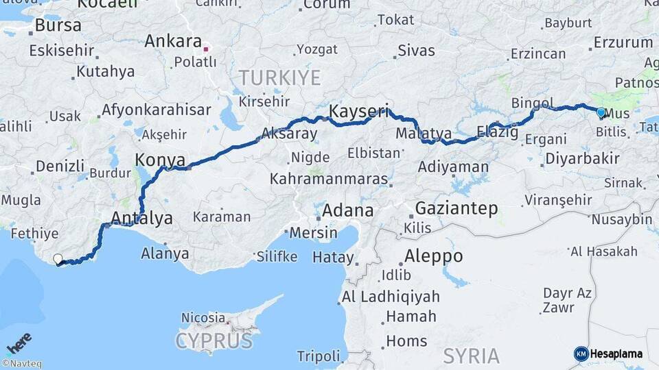 Muş Kaş Antalya Arası Kaç Km - Yol Haritası