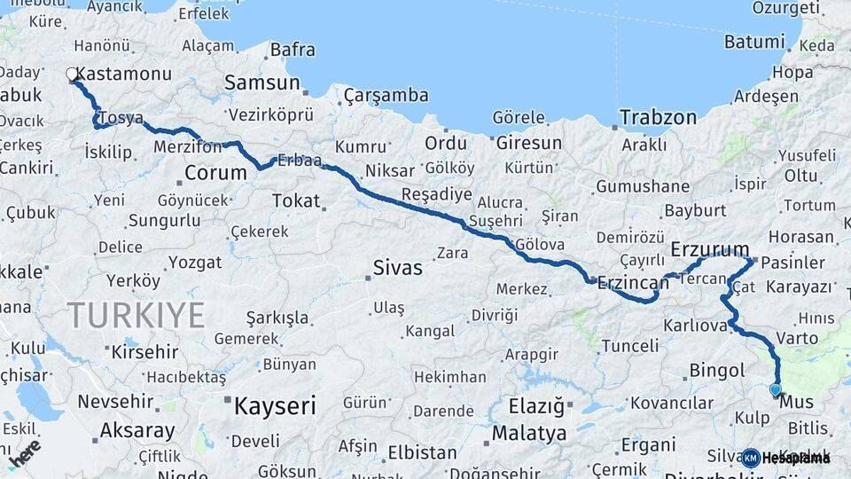 Muş Kastamonu Arası Kaç Km - Yol Haritası