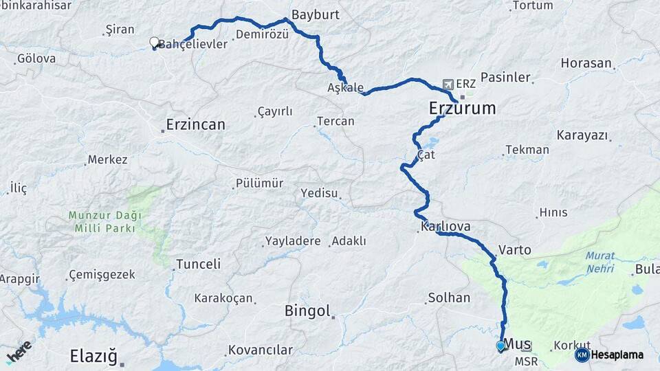 Muş Kelkit Gümüşhane Arası Kaç Km - Yol Haritası